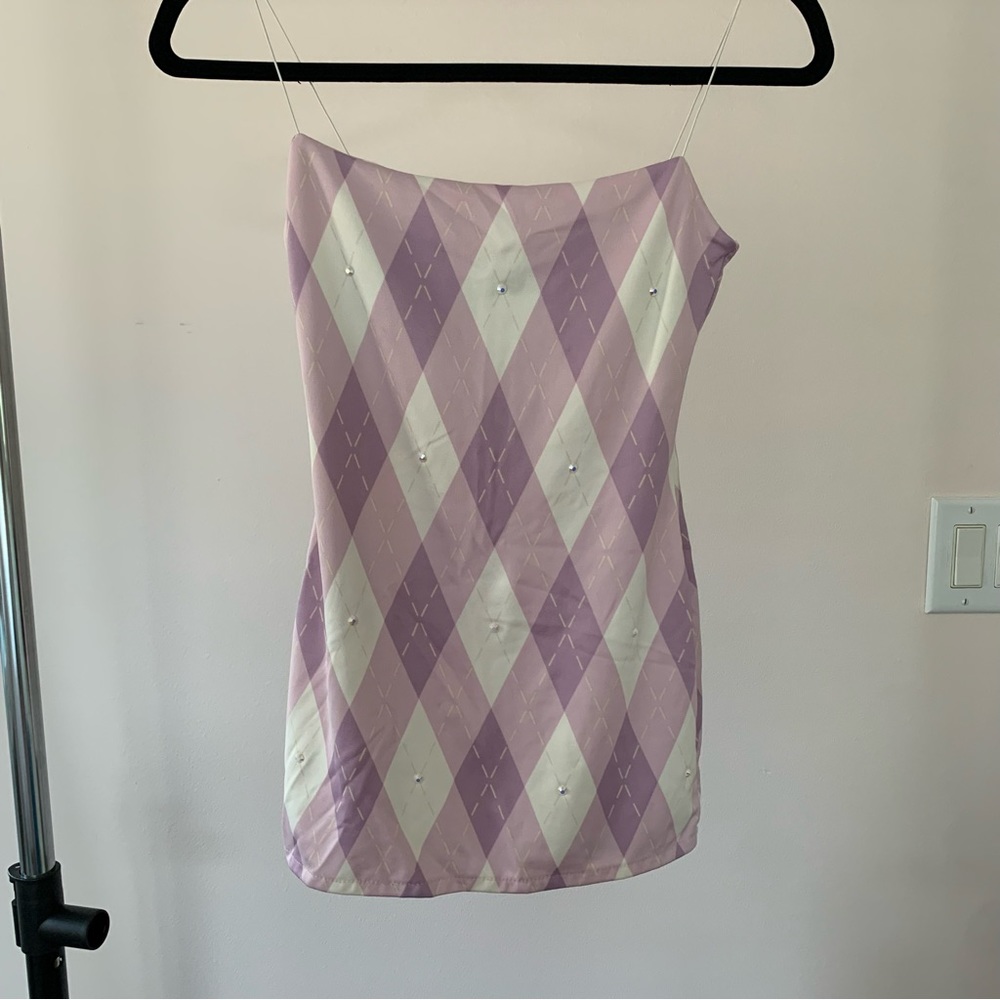 Y2K Purple Plaid Embellished Mini Dress